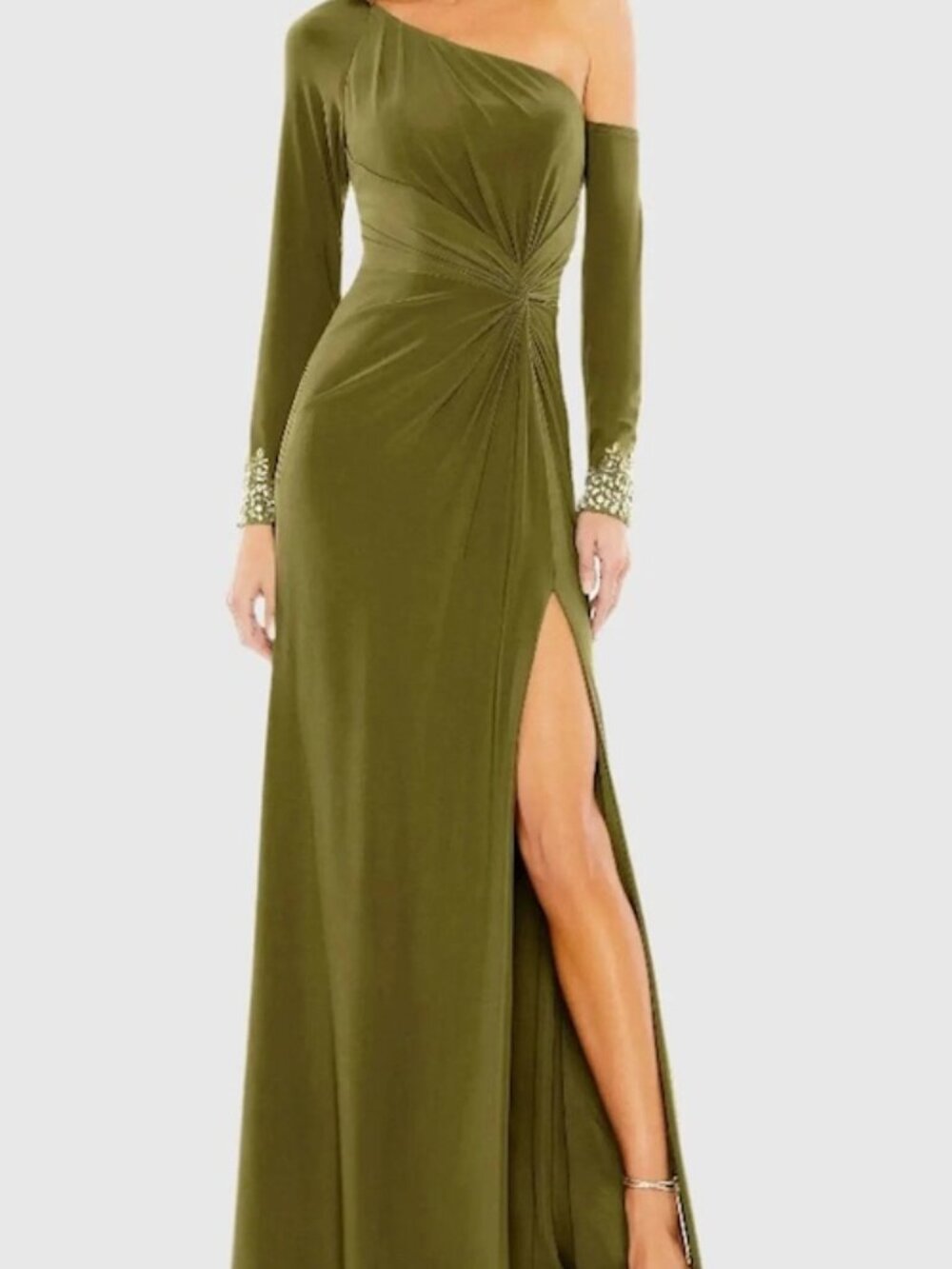 Mac Duggal Olive Green Twist Drop Shoulder Beaded Cuff Gown
